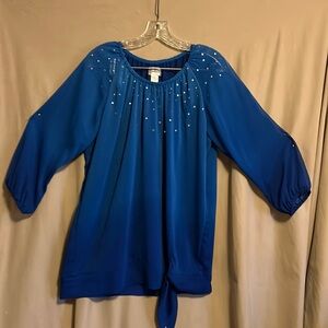 Chico’s peasant style sequin blouse semi-sheer peacock blue Chico size 2 (lg)